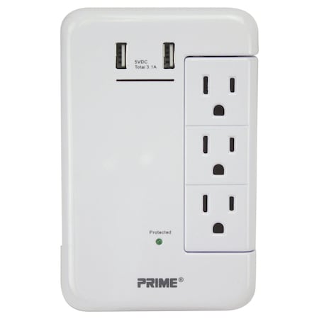 Prime Outlet Tap, Surge, USB, 2 in., White PBRUSB346S